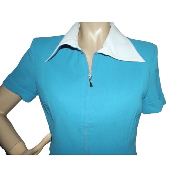 Gauss XS Turquoise Blue White Short Sleeve Zip Front Shacket jacket shirt blazer - Picture 3 of 9